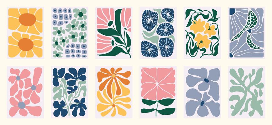 Contemporary floral elements. Abstract flower leaves shapes, modern decorative spring blossom foliage art.