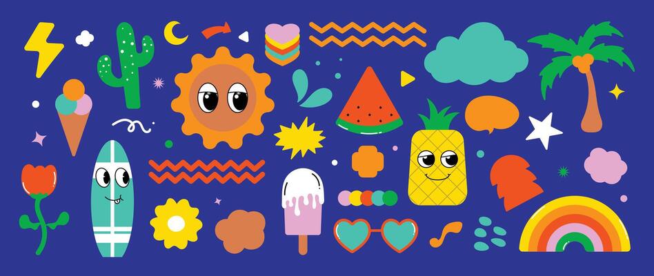 Set of funky groovy element . Collection summer of cartoon characters, cute doodle dawn, sparkle, cloud, sun, pineapple, watermelon, surfboard. Retro hippie design for decorative, sticker, kids.
