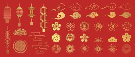 Gold decorative Asian elements on red backdrop vector