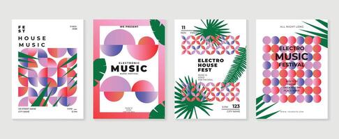 Electro Sound Cover template with vibrant abstract gradient geometric shape, line wave, tropical leaf. Design for social media, party, music festival. vector