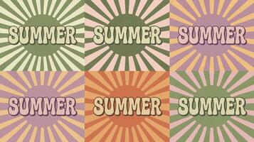 Retro Summer Vibes Six Sunny, Pastel-Colored Sunburst Designs Featuring Bold Summer Text - Professional digital artwork with vibrant colors and detailed composition vector