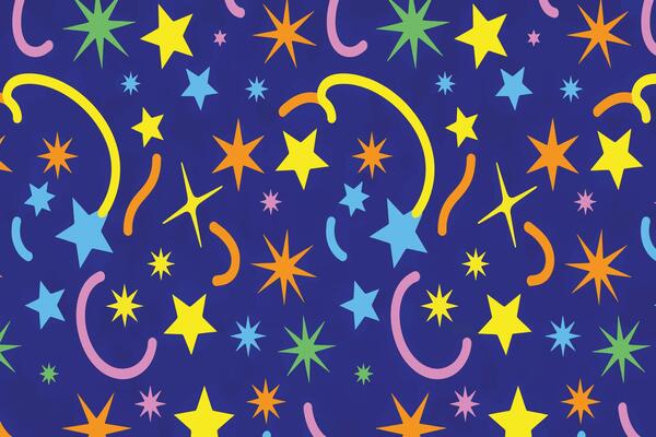 Festive Colorful Starbursts and Swirls Pattern on Dark Background
