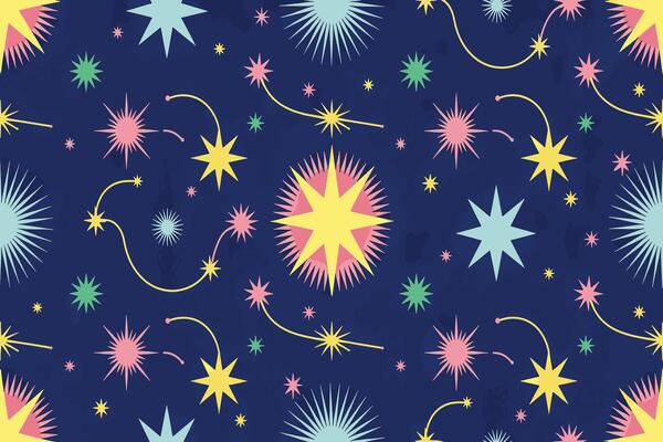 Colorful Starbursts and Swirls on Dark Blue Background