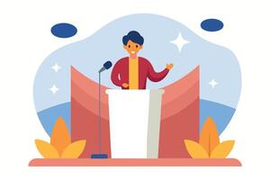 Smiling young man giving presentation, modern flat style, motivational speech, conference, positive mood, illustration. vector