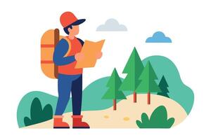 Happy male hiker with backpack studying map in a pine forest. vector