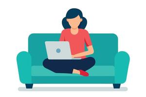 Woman Working on Laptop, Comfortable Teal Sofa, Modern Flat Design, Relaxed Mood, Remote Work Concept vector