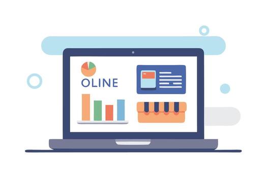 Laptop Screen Displaying Online Business Analytics Charts, Graphs, and E-commerce Store Icon. vector