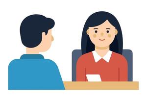 Flat design illustration young woman in red shirt sits opposite a man, job interview concept. vector