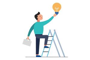 Businessman Reaching for Lightbulb Idea on Ladder, Flat Design, Aspirational Concept vector