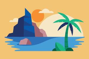 Serene Coastal Sunset Geometric Palm Tree, Ocean, and Cliff Illustration vector