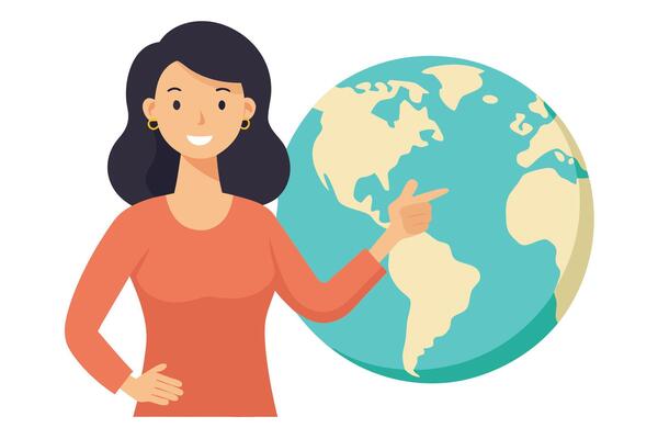 Smiling woman pointing at South America on a stylized globe flat design, global business concept.