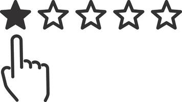 rating one star icon, negative review, five stars with mouse cursor, bad feedback customer, line symbol on white background - editable stroke illustration eps10 vector