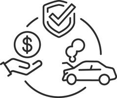 icon of compensation for destroyed property, transport insurance, security car, protection of auto, damaged car, thin line symbol on white background - editable stroke illustration eps10 vector