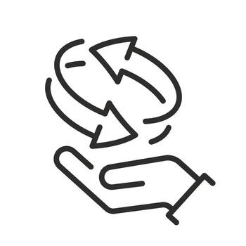 double back arrow, two arrow spin in hand icon, recycle round, circle refresh or restart, replace arrows, swap thin line symbol on white background - editable stroke illustration eps10 vector