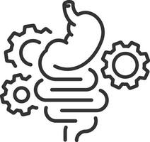 work of the digestive system icon, human stomach, intestines with gears, bowel, gastroenterology concept, gut protection, thin line web symbol on white background - editable stroke illustration eps10 vector