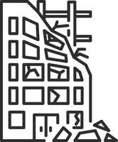 destroyed building icon, broken windows, collapsed building after explosion or earthquake, thin line symbol on white background, editable stroke illustration eps10 vector