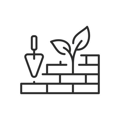 eco clean building materials icon, green building, wall of bricks and leaves, environmentally construction, thin line symbol on white background, editable stroke illustration eps10