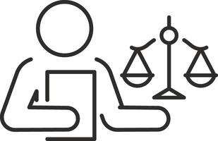 advocate icon, justice and law, lawyer, man with scales, thin line symbol on white background, editable stroke illustration eps10 vector