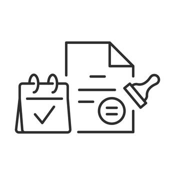 document with stamp of approval, date update doc, calendar thin line symbol on white background - editable stroke illustration vector