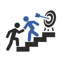 mentoring, mentor support for man climbs the stairs icon, help person with progress steps, flat illustration vector