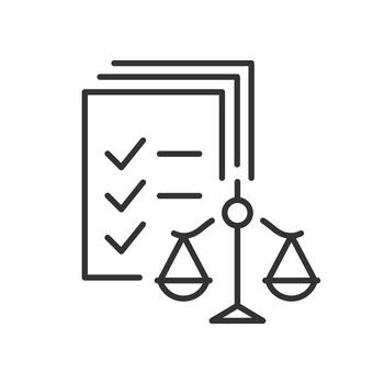 compliance icon, business rules policy, documents with scales, thin line web symbol on white background - editable stroke illustration vector