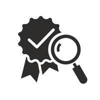 quality control, standardization icon, standard compliance, magnifying glass and check mark, flat illustration vector