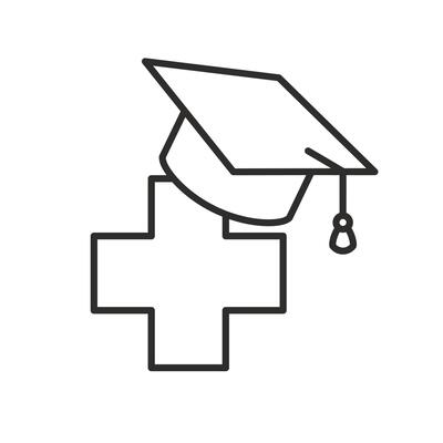 medical education icon, medicine cross with graduate hat, healthcare training, thin line web symbol on white background - editable stroke illustration