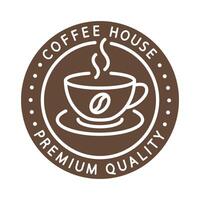 flat illustration, text premium quality coffee drink, coffee house emblem, cup icon, round logo vector