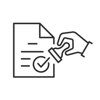 rubber stamping on paper document, validation icon, approve doc, thin line symbol on white background - editable stroke illustration eps10 vector