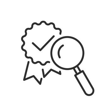 standardization icon, quality control, standard compliance, magnifying glass and check mark, thin line symbol on white background - editable stroke illustration vector
