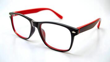 A close up shot of black framed glasses with red accents on a black background in a studio shot photo
