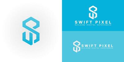 Contemporary geometric logo featuring interwoven SP initials inside a hexagon, perfect for software development companies. It symbolizes structured solutions, precision, and innovative progression. vector