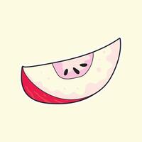 Cute hand drawn apple slice with red skin and seeds in cartoon style, perfect for food design, autumn harvest, thanksgiving themes, healthy snacks, dessert illustrations, and creative projects. vector