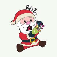 Cute Santa Claus character celebrating party time with a confetti popper, sitting happily with joyful expression. Perfect for Christmas cards, festive stickers, party invitations vector
