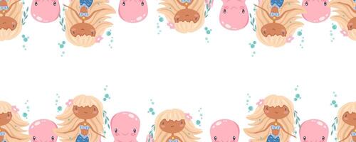 Seamless border with mermaids and octopuses at top and bottom vector