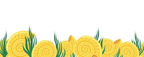 Seamless border with yellow shells and green seaweed at the bottom vector