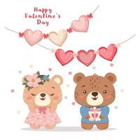 Valentines Day illustration with cute bears and heart garland vector