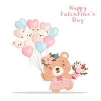 Cute teddy bear girl with bouquet and balloons illustration, isolated on white background vector