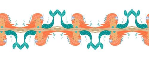 Seamless border with red haired mermaids in the center vector