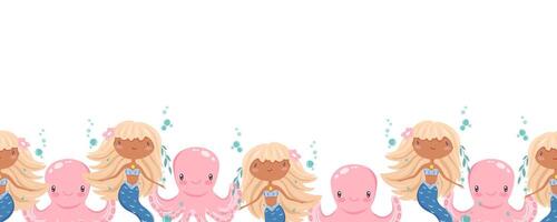 Seamless border with blonde mermaids and octopuses vector