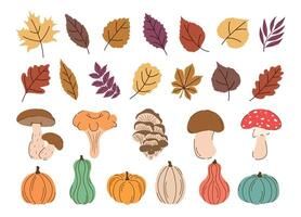 Leaves Pumpkins Mushrooms Set in Trendy Flat Style Isolated on white background. Autumn Fall or Spring Forest Harvest Sticker Elements. Collection Different Autumn Icons Clipart. Illustration. vector