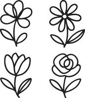 four flowers drawn in black on a white background vector