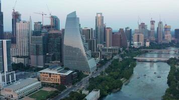 Smooth Aerial Scan of the Downtown Austin Skyline as the Sun has Almost Completely Set video