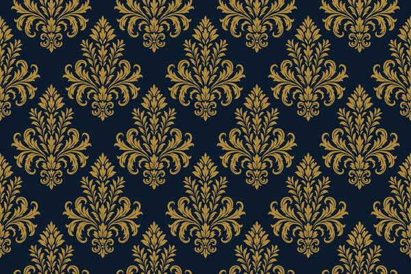 Seamless damask pattern with golden floral motifs on black background, classic ornamental baroque style design perfect for luxury wallpaper, fabric, vintage decor, textile, or royal-themed art.