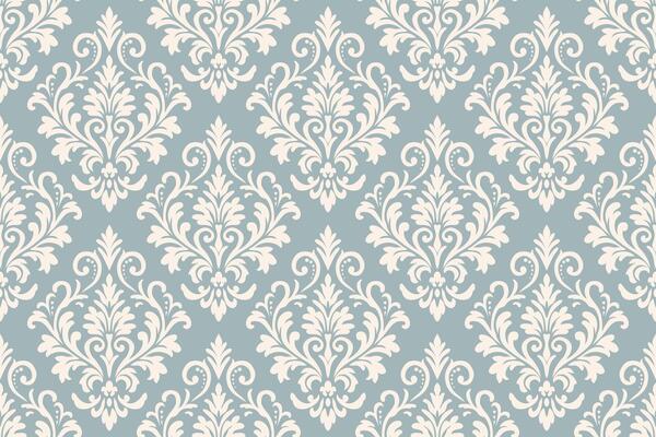 Elegant damask pattern in soft teal and cream, seamless vintage baroque floral wallpaper design perfect for textile prints, interior decor, packaging, backgrounds, and fabric applications.