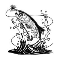 Black and white A vibrant illustration of a rainbow trout gracefully arcing out of the water, with a fishing fly in focus. vector