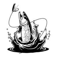 Black and white A detailed illustration capturing the precise moment a fish aggressively attacks a fishing fly. vector