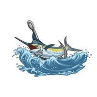 Dynamic marlin on hook, jumping amidst ocean waves. vector