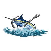 Powerful marlin with hook, breaking through the cresting waves. vector