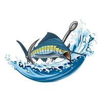 Vibrant marlin hooked, splashing energetically in the waves. vector